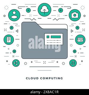 Flache Linie Vektorillustration Moderne dünne lineare Kontursymbole. Website-Header-Grafiken oder Banner. Cloud Computing, Symbol für Datenordner. Stock Vektor