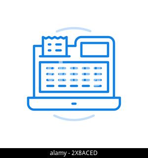 Symbol für Vektorposition der Registrierkasse. Offizielles Einzelhandelsgerät. Ausstattung mit Tasten, Bildschirm und Papierquittung. Einkäufe und Zahlung beim Kassierer mit Quittung Stock Vektor