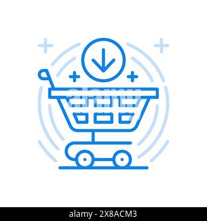 Shopping Hinzufügen zum Warenkorb Vektorzeilen-Symbol. Supermarkt kauft Waren vom Markt und Geschäft. Der Pfeil zeigt auf den Wagen auf den Rädern. Online-Verteilung von Anwendungen Stock Vektor