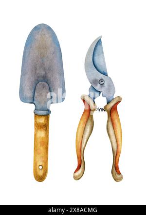 Aquarellset mit Gartenwerkzeugen. Gartengeräte, Gartenschere, Spachtel, Rechen auf weißem Hintergrund. Handgezeichnet. Stockfoto