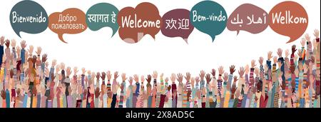 Handgewachsen von multikulturellen Menschen aus verschiedenen Nationen und Kontinenten mit Sprechblasen mit Text -Willkommen- in verschiedenen internationalen Sprachen Stock Vektor