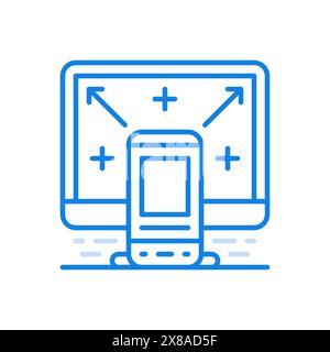 Vektorliniensymbol für die Dateiübertragung von elektronischen Geräten. Online-Technologie zum Laden von Benutzerinformationen zwischen intelligenten Gadgets. Smartphone im Hintergrund Stock Vektor