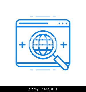 Symbol für den Zeilenvektor der globalen Online-Suche. Digitale, moderne Technologien weltweit scannen. Planet in Webdatei unter Lupe. Soziale Kommunikation in Stock Vektor