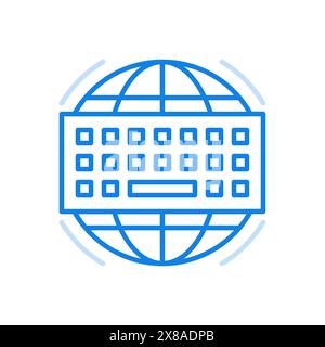 Symbol für globale Internet-Vektorlinie. Modernes Online-Netzwerk mit weltweiter Verbindung. Planet mit blauen Meredians und Tastatur in der Mitte. Technologisches WE Stock Vektor
