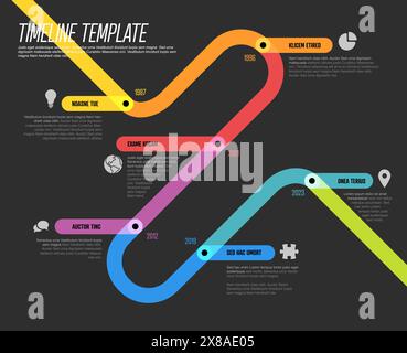 Einfache Zeitleistenvorlage aus dicken Liniensegmenten in Regenbogenfarben. Mehrzweck-Infochart-Vorlage, in der die wichtigsten Meilensteine oder wichtigen Phasen angezeigt werden Stock Vektor
