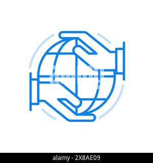 Das Symbol für die Planetenvektorlinie. Globaler Umweltschutz. Zwei Hände halten Kugel mit Meredians. Ressourcenkonservati Stock Vektor