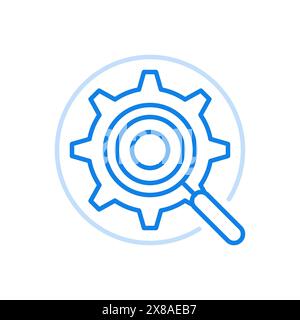 Symbol der Vergrößerungszahnrad-Vektorlinie. Such- und Forschungssymbol mit weiterer Optimierung. Steigerung der Industriemechanik durch wissenschaftliche Systemdaten. Zahnrad wh Stock Vektor