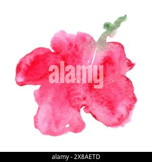 Das Bild zeigt eine rosafarbene Blume mit grünem Stiel, die in Aquarell ausgeführt ist. Das Kunstwerk umfasst Elemente aus Blütenblättern, Kunst, blühenden Pflanzen, Magenta-Tönen und künstlerischen Gesten Stockfoto