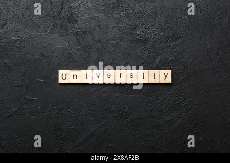 UNIVERSITÄT Wort auf Holzblock geschrieben. UNIVERSITÄTSTEXT auf Zementtisch für Ihr Design, Konzept. Stockfoto