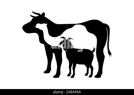 EID al-Adha Opfer Tier Silhouette Vektor Illustration. Kuh-, Kamel- und Ziegensilhouette im negativen Space-Stil Stock Vektor