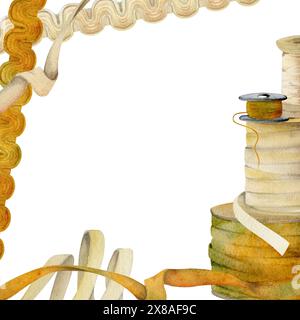 Handgezeichnete Aquarellillustration Nähen Handwerk Stickerei Zubehör. Fäden Bänder Spulen Spulen Spulen Spitze. Rahmen isoliert auf weißem Hintergrund. Design Stockfoto