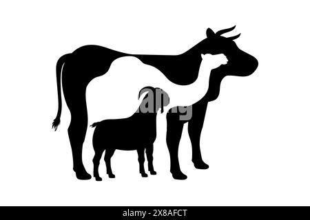 EID al-Adha Opfer Tier Silhouette Vektor Illustration. Kuh-, Kamel- und Ziegensilhouette im negativen Space-Stil Stock Vektor