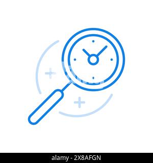 Symbol für die Vektorlinie der Arbeitszeitanalyse. Strategie für die Verwaltung von Fristen und die Verteilung von Bürozeiten. Lupenrad zur Untersuchung. Marketingplan für Stock Vektor