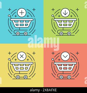 Flache Linien-Symbole festgelegt. Dünne lineare Konturvektorsymbole Warenkorb, Produkt kaufen, Schaltfläche Kaufen, E-Commerce-Symbole. Website-Grafiken, Mobile Apps, I Stock Vektor