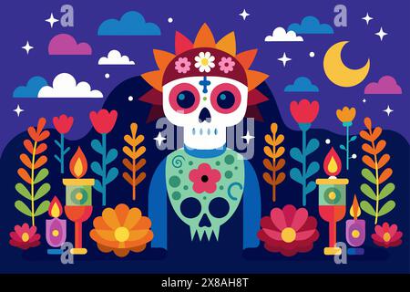 Skelett mit Day of the Dead Make-up im floralen Setting. Figur mit Sugar Skull Gesichtsfarbe umgeben von Blumen. Konzept von Dia de los Muertos, Hallo Stock Vektor