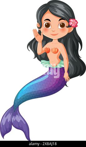 Fröhliche Meerjungfrau mit Blume im Haar, winkend Stock Vektor