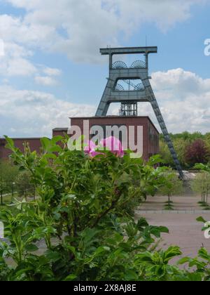 Ein gewundener Turm und ein Backsteingebäude mit grünen Blättern und rosa Blumen im Vordergrund unter einem bewölkten Himmel, Bergbauturm einer stillgelegten Zeche in Th Stockfoto