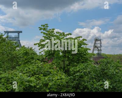 Eine Zeche mit zwei gewundenen Türmen hinter grünen Bäumen und unter bewölktem Himmel, Bergbauturm einer stillgelegten Zeche im grünen Ruhrgebiet, Herten, Germa Stockfoto