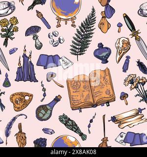 Supernatural Magic Kollektion mit magischen Elementen nahtlosem Hintergrund. Hexen-Dinge, Vintage Retro-Gravurstil, Vektorgrafiken Stock Vektor