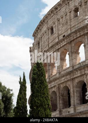 Das antike Kolosseum mit hoher Architektur und umgebender Natur, historischen Gebäuden, Ruinen und Denkmälern in der ewigen Stadt, Rom, Italien, Europa Stockfoto