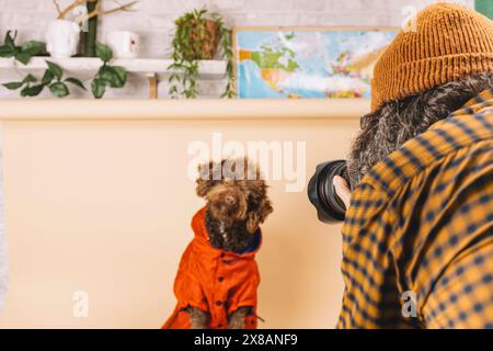 Kaukasischer Fotograf mit einer Kamera, der Fotos von Hunden macht Stockfoto