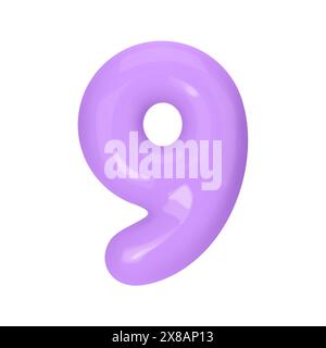 Zahl 9 - Violetter Plastikballon Zahl neun isoliert auf weißem Hintergrund. 3D-Stilvektorillustration Stock Vektor