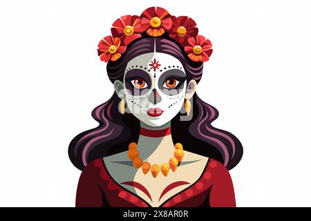 Frau mit Tag der Toten Make-up und Blumen. Weiblich mit Sugar Skull Gesichtsfarbe. Isoliert auf weiß. Konzept des Dia de los Muertos, kulturelle Tradition Stock Vektor