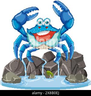 Fröhliche blaue Krabbe, die auf Felsen am Wasser steht Stock Vektor