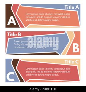 Set aus drei horizontalen bunten Optionen Banner. Schritt-für-Schritt-Infografik-Designvorlage. Vektorabbildung Stock Vektor