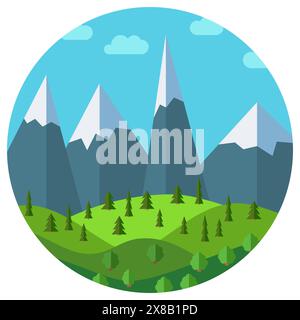 Vektor-Zeichentrickfilm Berglandschaft im Kreis. Natürliche Landschaft im flachen Stil mit blauem Himmel, Wolken, Bäumen, Hügeln und Bergen mit Schnee auf dem pe Stock Vektor