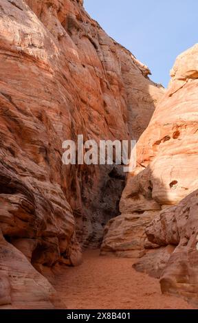 Eintritt zu einem wunderschönen schmalen Slot Canyon mit hohen rosa Sandsteinwänden, bekannt als Kaolin Wash oder Canyon - Valley of Fire State Park, Nevada, USA Stockfoto