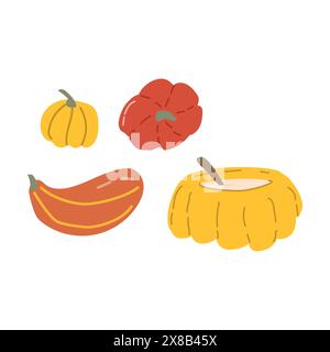 Erntedankelemente im Herbst mit Erntesymbolen. Sammlung von Herbstgemüse-Pumkin. Handgezeichnete Herbst-Lebensmittel-Vektor-Illustration Stock Vektor