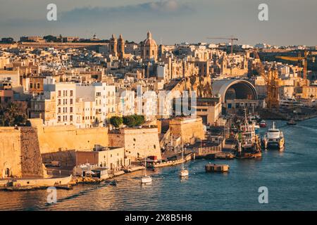 Blick nach Süden über den Hafen von Valletta, Malta. Mit den Gardjola Gardens, befestigten Mauern, historischen Gebäuden und Trockendocks der Palumbo Werft Stockfoto