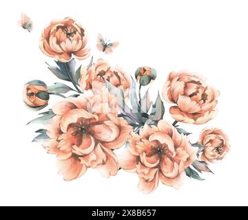 Zarte Blüten, Knospen und Blätter von Pfirsich und rosa Pfingstrosen mit Schmetterlingen in trendigen Farben und Vintage-Stil. Handgezeichnete Aquarellillustration Stockfoto