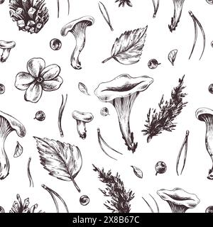 Waldpilze sind gelb mit Heidelbeeren, Herbstblättern und Piniennadeln, Kegel. Grafische Abbildung, handgezeichnet mit brauner Tinte Stock Vektor