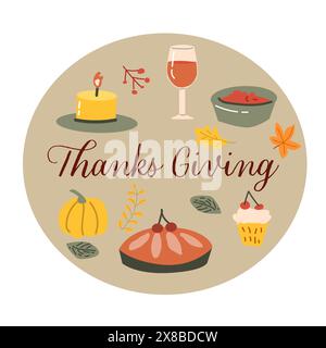 Herbstherbstfahne mit Thanksgiving oder Grußkarte mit Blättern. Feierliches Design für Erntefest, dank Essen und Blumen Herbstgrenze. Stock Vektor