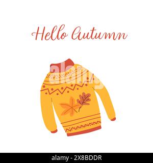 Hallo Herbstgrüßband mit Laubwäldern auf Pullover. Begrüßungsbanner für den Herbst. Einladung zur neuen Erntesaison. Vorlage für Poster Stock Vektor