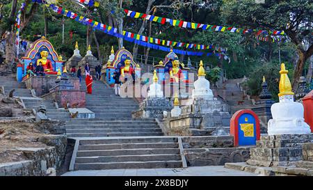 NEPAL, KATHMANDU, Dezember 2023, Tourist at Stupa und Lord Buddhas Statuen auf der Treppe von Swayambhu Mahachaitya Stockfoto