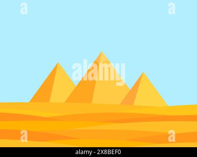 Wüstenlandschaft mit Dünen und ägyptischen Pyramiden. Wellige Landschaft in minimalistischem Stil. Blick auf die Wüste und die Pyramiden. Design für Tapeten, banne Stock Vektor