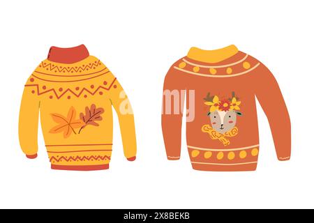 Herbst-Herbst-Pullover mit Blättern gesetzt, Hand gezeichnete Vektor-Illustration für Grußkarte, Einladungen, Aufkleber. Herbstreifen für Banner oder Poster. De Stock Vektor