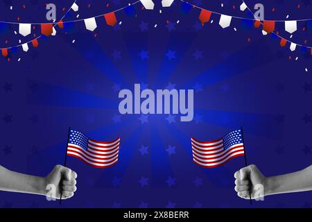 Zwei Hände mit amerikanischer Flagge vor blauem Hintergrund. Einheit der Nationen und Tag der Feier. Vektorabbildung. Stock Vektor