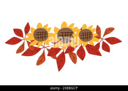 Herbstherbstdankfest hinterlässt Komposition für Dekoration, Weihnachtsgrußkarten Elemente mit Pilzen und Blumen Stock Vektor
