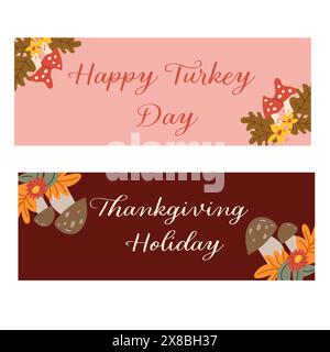 Herbstherbstfahne mit Thanksgiving oder Grußkarte mit Blättern. Feierliches Design für Erntefest, dank Essen und Blumen Herbstgrenze. Stock Vektor