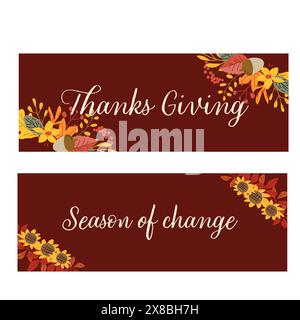 Herbstherbstfahne mit Thanksgiving oder Grußkarte mit Blättern. Feierliches Design für Erntefest, dank Essen und Blumen Herbstgrenze. Stock Vektor