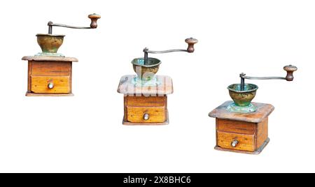 Alte Vintage Kaffeemühle isoliert auf weißem Hintergrund. Manuelle Retro-Kaffeemühle aus drei verschiedenen Winkeln Stockfoto