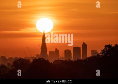 Goldener Sonnenaufgang hinter der Skyline von Shard und London, vom Richmond Park aus gesehen Stockfoto