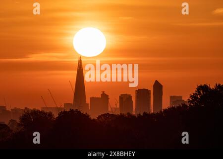 Goldener Sonnenaufgang hinter der Skyline von Shard und London, vom Richmond Park aus gesehen Stockfoto