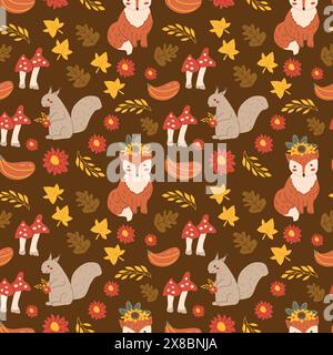 Herbst Herbst Erntedankfest Hintergrund mit Fuchstier. Kann für Grußkarten, Poster, Flyer, Textilien, Kleidung verwendet werden. Nahtloses Muster mit Stock Vektor