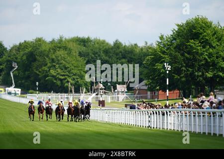 Ein allgemeiner Überblick über die britischen Hengstgestüte EBF Novice Stakes am ersten Tag des Maifestivals auf der Goodwood Racecourse, Chichester. Bilddatum: Freitag, 24. Mai 2024. Stockfoto