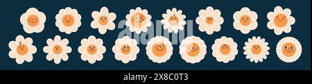 Niedliches Gänseblümchengesicht mit fröhlichem Lächeln, grooviger Retro-Stil. Hippie-Ikone der 70er Jahre, Kawaii-Zeichentrickfigur. Sonnenblumen- und Kamillenblütenmuster. Blumenmuster Stock Vektor